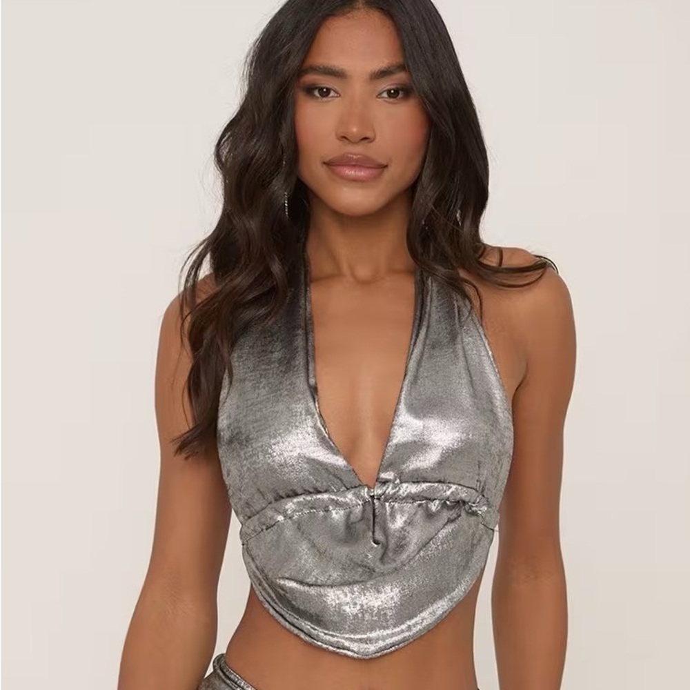 EGO Silver Metallic Cowl Neck Crop Top